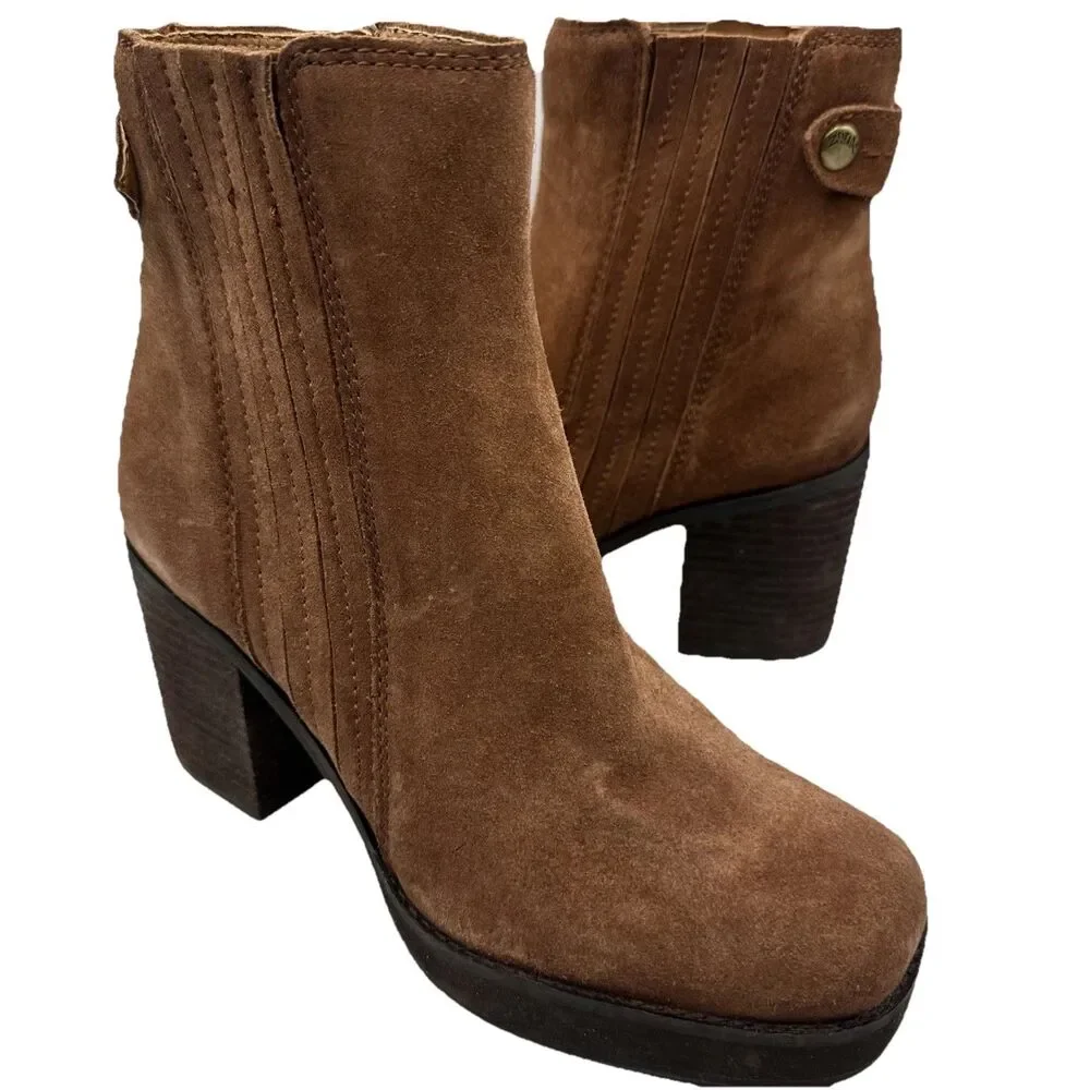 NEW Zodiac Phoenix Brown Cognac Suede‎ Chunky Block Heel Booties Sz 7